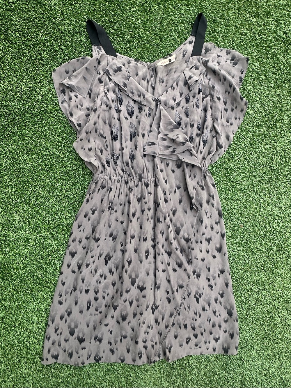 Rebecca Taylor Grey Animal Printed Silk Ruffle Midi Dress with Black Straps